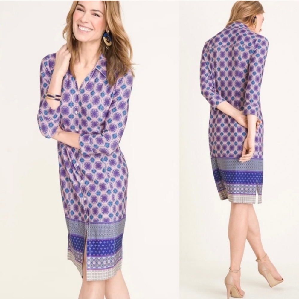 Chico's Medallion Midi Button Down  Shirt Dress Printed 1 Stretch Medium